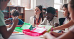 Helping, youth and education with teacher in classroom for future, lesson and students. Learning, academy and knowledge with group of kids at school for child development, studying and growth