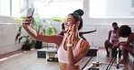 Happy woman, gym and peace sign with selfie for picture, photography or memory at health club. Female person, athlete or influencer with smile or emoji for capture moment, fitness or social media
