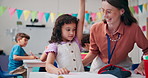 Teacher, student and hands raised with question for help, assistance or support on test or assessment. Woman, child or kid with learning engagement for interaction, education or knowledge at school