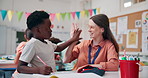 Teacher, child and happy with high five in classroom for motivation, support and success with project. Woman, kid and celebration with cheers, goals and excited for development at learning academy