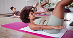 Fitness, balance and women in class, pilates and dead bug exercise for core muscles, floor and improve posture. Serious, active and performance for wellness, legs or workout routine for people in gym