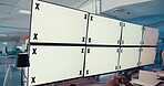 Computer screen, space and surveillance with man in office to monitor live feed for update. Display, mockup and tracking markers with person in CCTV control room for crime prevention or safety