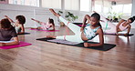 Band, yoga class and people stretching for gym, legs exercise and activity for club. Resistance fabric, pilates and women for elastic training, fitness and workout for body goals and flexibility