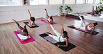 Resistance band, yoga class and people stretching for gym, legs exercise and activity for club. Elastic fabric, pilates and above women for training, fitness or workout for body goals and flexibility