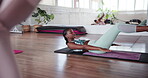 Workout, balance and women in class, pilates and dead bug exercise for core muscles, floor and improve posture. Serious, active and performance for wellness, legs or fitness routine for people in gym