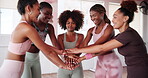 Fitness, friends and huddle with celebration for yoga, motivation and solidarity for wellness. Studio, happy women and group of people with hands stack, applause and synergy with support for exercise