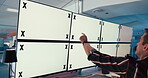 Computer screen, creative and people in office, conversation and market research for article or copywriter. Tracking markers, teamwork and discussion with tech for project, mockup and online for blog