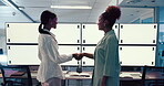 Computer screen, handshake and people in business, collaboration and market research for article and copywriter. Tracking markers, creative and shaking hands for agreement, mockup space and online