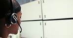 Computer screen, mockup and security for surveillance with woman in CCTV control room from back. Display, space and tracking markers on monitor for crime prevention or tracking with person in headset