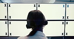 Communication, computer screen and space for surveillance with woman in CCTV control room from back. Display, security and tracking markers on monitor mockup for tracking crime with person in headset