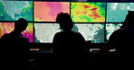 Computer, screen and people with ecology, office and broadcast for news research. Discussion, silhouette and weather team with forecast for meteorology report, satellite map or climate change update