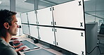 Computer screen, typing and people in office, coworking and market research for article or copywriter. Tracking markers, creative and employee with tech for project, mockup space and online for blog