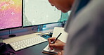 Woman, hands and writing notes by computer screen at agency, satellite weather and analyze pattern. Journal, professional meteorologist and online to study air current, track storm and climate data