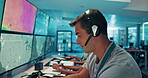 Man, computer and screen with headset in control room to monitor weather, climate change and report. Person, notes and online with satellite update, study storm pattern and surveillance for disaster