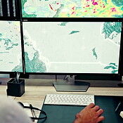 Man Climate Control Computer Computer screen, hand and climate with man in office to monitor geology ...