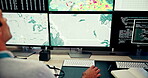 Computer screen, hand and climate with man in office to monitor geology, meteorology or weather. Display, satellite and search with person in airport control room for air traffic forecasting