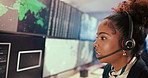 Airport, headset and satellite with woman in control room to monitor climate or weather. Communication, feedback and surveillance update with person in air traffic office for geology or meteorology