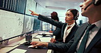 Airport, computer screen and pointing with people in weather pattern office to monitor satellite map. Climate, geology and meteorology group in control room for brainstorming or global warming