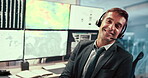 Face, satellite and smile of man in control room of airport to monitor climate or weather patterns. Computer screen, headset and meteorology with happy person in office for air traffic safety