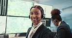 Face, smile and surveillance with woman in control room of airport to monitor climate or weather patterns. Computer screen, headset and satellite with happy person in office for air traffic safety