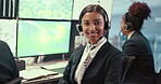 Face, satellite and smile of woman in control room of airport to monitor climate or weather patterns. Computer screen, geology and headset with happy Indian person in office for air traffic safety
