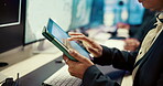 Work, hands and woman with tablet scroll in control room for satellite search, climate tracker or navigation. Meteorology, computer and person with digital app for weather surveillance or forecasting