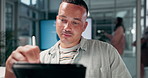 Business, man and writing on tablet in office for database management, data collection or pattern analysis. Stylus, analyst and digital checklist for problem solving, online report or user experience