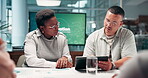 Research, planning and tablet with business people in meeting for teamwork, workshop and company report. Speaker, project management and innovation with employees for feedback, advice and review