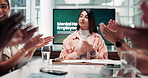 Applause, support and meeting with business woman in office for mental health program, workshop and success. Winner, teamwork and celebration with people in agency for project and good news 