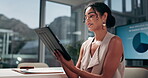 Office, businesswoman or research with tablet for finance, startup information or company performance. Smile, female person or financial analyst with tech for risk management, review report or charts