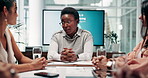 Teamwork, advice and speaker with business woman in meeting for mental health program, planning and report. Workshop, support policy and discussion with employees for feedback, research and review 