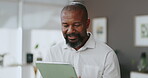 Office, black man and smile with tablet for research, financial information or accountant with scroll. Happy, mature person or business consultant with digital for investment, report review or online