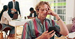 Bored, university and phone with man in classroom for research project, college news and learning app. Tired, scholarship application and mobile with person or student for planning and contact