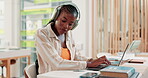 Education, black woman and headphones with laptop in college, typing notes or listening to audio. Library, female person or student with digital research for business study, test information or music