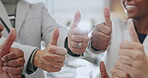 Business people, hands and thumbs up in office for approval, solidarity and thank you for support. Employees, collaboration and together for success feedback in workplace, emoji and great agreement