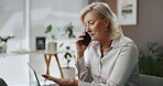 Phone call, laptop and planning with business woman in office for virtual consultant, feedback and interior designer. Communication, digital layout and contact with mature employee in agency for 