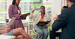 Woman, class and student with question at college, diversity and group discussion for course project. People, learner and sharing knowledge on module for research, university education and answer