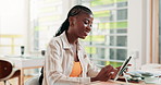 Happy, black woman and creative designer with tablet for online business, drawing or sketching at office desk. Female person, employee or web design with smile on technology for project at workplace