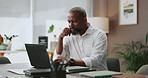 Office, thinking and business black man on laptop for online planning, proposal and research. Professional, corporate and person on computer for project review, finance report and revenue solution