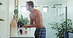 Man, cleaning and mirror with basin, skincare with facial hygiene and grooming in morning routine. Anti aging cosmetics, reflection or person in bathroom with confidence, wellness or face treatment