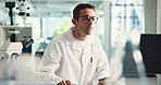 Online, scientist and man with laptop, lab and medical research for test results or data collection. Healthcare, person and investigation for cure of HIV infection, science and tech for treatment