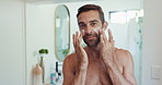 Man, apply and beauty with face, lotion and skincare with facial hygiene or grooming in morning routine. Anti aging product, cosmetics or person in house bathroom with cream, sunscreen or moisturizer
