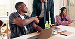 Business, handshake and management talking to employee in office for development, feedback or training. Computer, creative and orientation with people shaking hands at work for friendly welcome