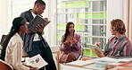 Professor, woman and helping students at college, diversity and group discussion for course project. People, teacher and sharing knowledge on module for research, university education and support