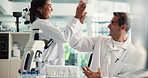 High five, tablet and team of scientists in laboratory for pharmaceutical discovery, test or experiment. Science, digital technology and biomedical engineers with celebration for vaccine innovation.