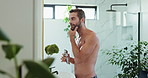 Mirror, beard and shaver with man in bathroom for morning routine, grooming and self care. Skincare results, cleaning and hygiene check with person at home for dermatology, aesthetic and inspection