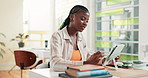 Happy, black woman and web design with tablet for creative business, online drawing or sketching at office. Female person, African designer or employee with smile on technology for project or tasks