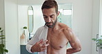 Man, dressing and ready with clothes in bathroom for morning routine, start work and grooming. Male person, getting dressed and clean with hygiene, corporate fashion and professional shirt at house