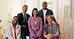 About us, face and smile with group of designer people in office for diversity or inclusion. Collaboration, friendly and welcome with design team in creative workplace for solidarity or unity
