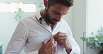 Man, dressing and ready with clothes in bathroom for morning routine, start work and grooming. Male person, closeup and suit with clean hygiene, corporate fashion and professional shirt at house